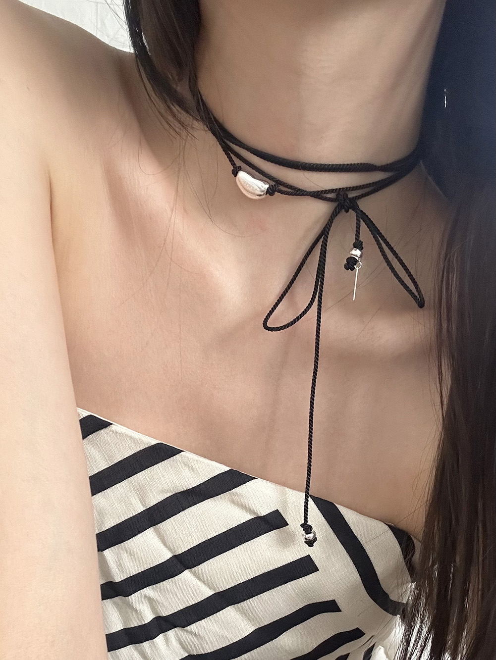 [Hand made/925silver] Long string bean necklace (2color)